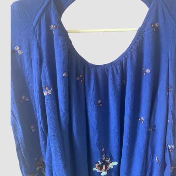Free People Oxford Embroidered Mini Swing Dress Size Medium Cobalt Blue Pockets - Picture 6 of 8